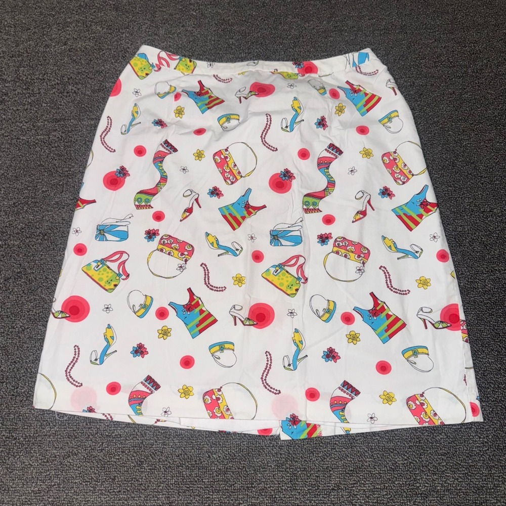 VTG Y2K Casual Corner Annex White Novelty Print Skirt Handbags Heels Size Small